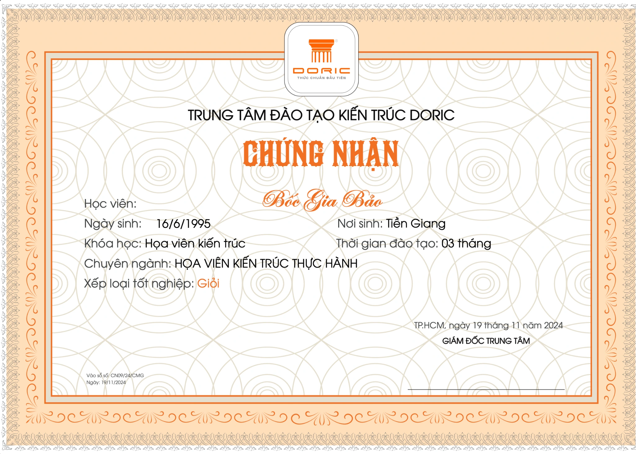 DORIC · Mẫu chứng nhận